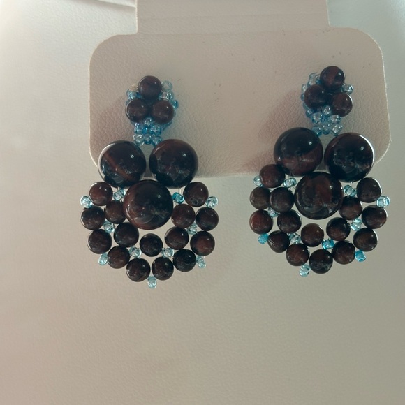 Hand crafted pierced post earrings red tiger eye stones blue seed beads - Picture 1 of 5